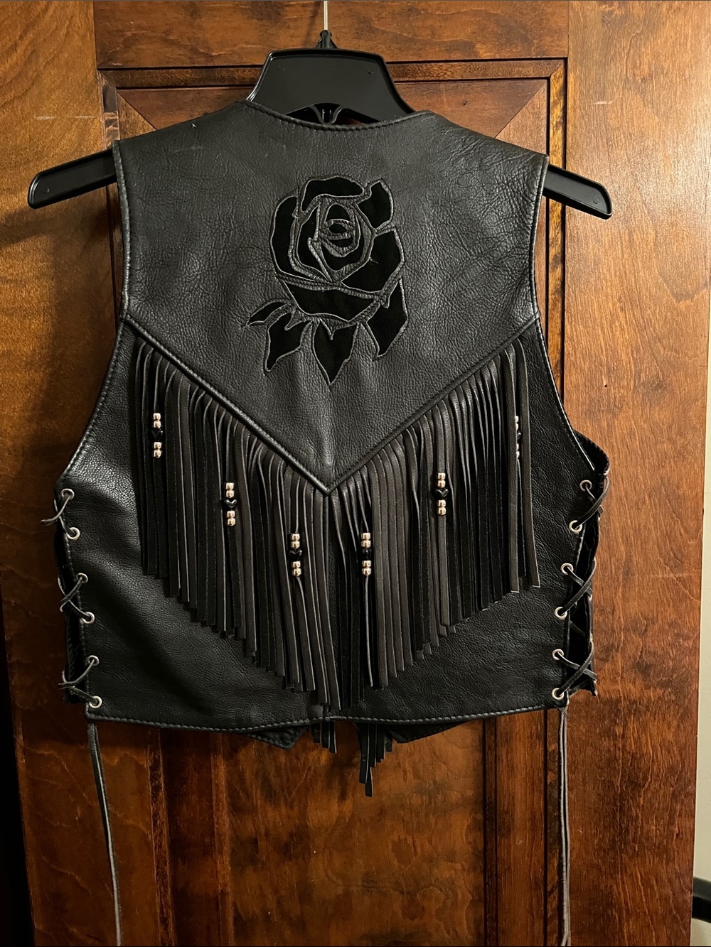 Vintage Black Fringe Rose Embroidered Leather Vest - Picture 2 of 5